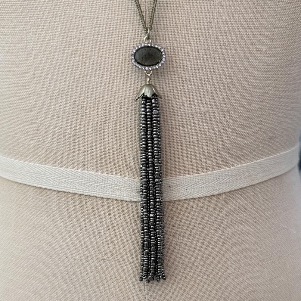 LOFT Oval Taupe Gemstone, Rhinestone and Brass-tone Tassel Necklace